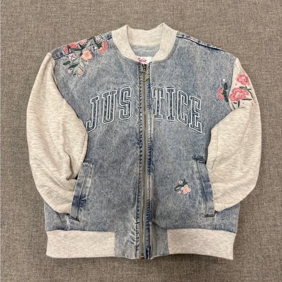 Justice Blue and Gray Bomber Jacket with Floral Design, Embroidery 0079 - Picture 3 of 11